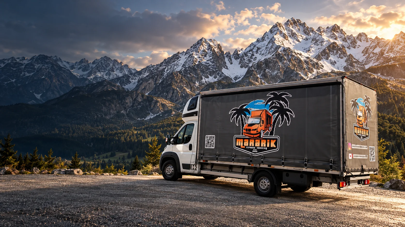 Advertising composition of a Mararik Express vehicle against an Alpine landscape